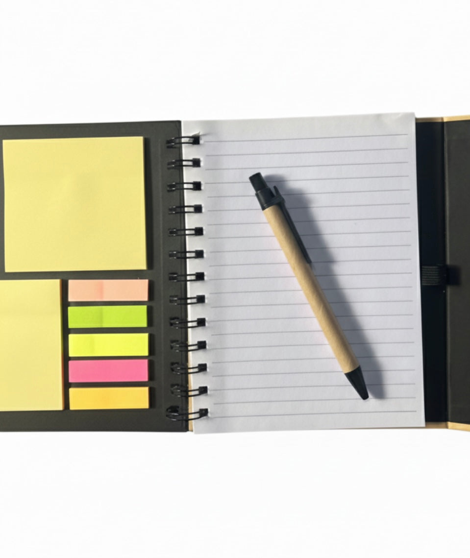 Notebook with pen and sticky notes