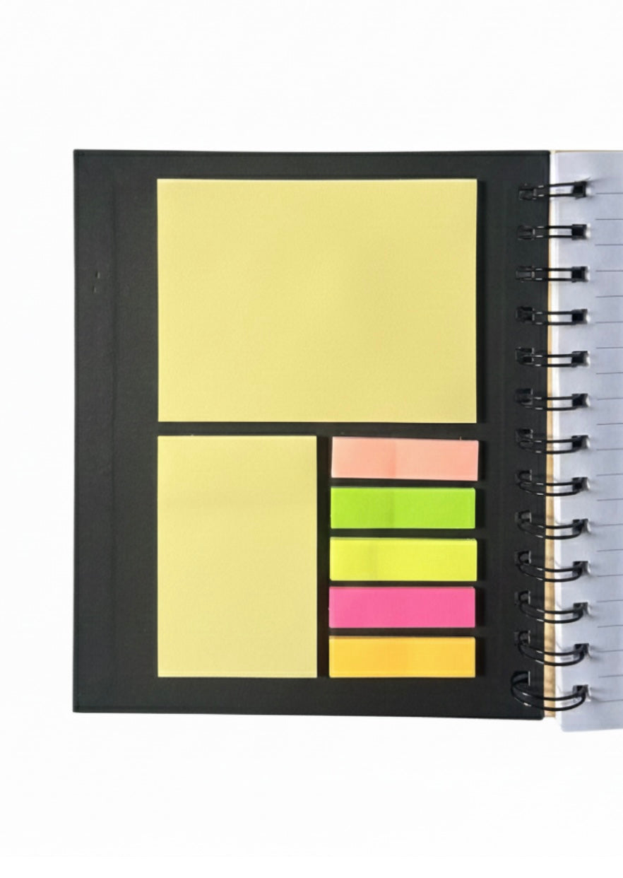 Notebook with pen and sticky notes